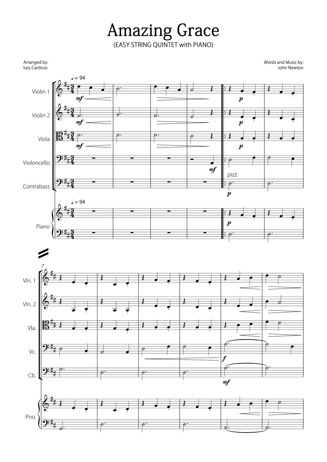 "Amazing Grace" - Beautiful EASY version for STRING QUINTET and PIANO. (arr. Iury Cardoso)