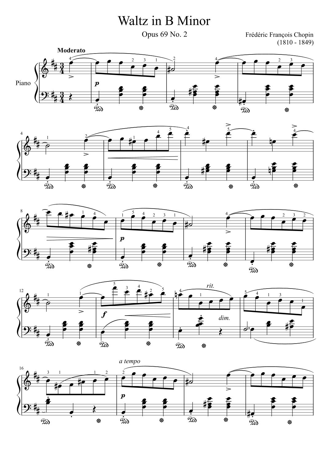 Chopin Waltz Op.69 No. 2 in B Minor  Minor With Finger (arr. poon)