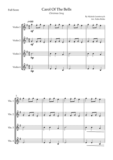 Carol Of The Bells (Christmas Song) for Violin Quartet (arr. Fabio Britto)