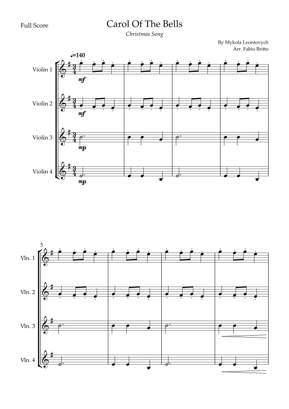 Carol Of The Bells (Christmas Song) for Violin Quartet (arr. Fabio Britto)
