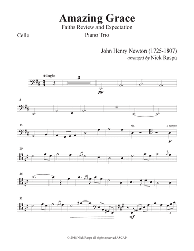 Amazing Grace (Piano Trio - Violin, Cello & Piano) Cello part (arr. Nick Raspa)