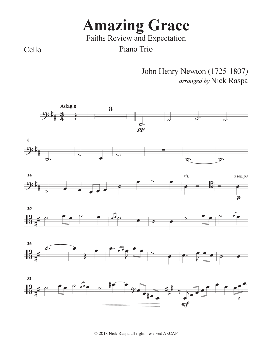 Amazing Grace (Piano Trio - Violin, Cello & Piano) Cello part (arr. Nick Raspa)