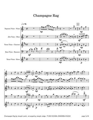 Champagne Rag by Joseph Lamb for Woodwind Quartet in Schools (arr. Joseph Judge)