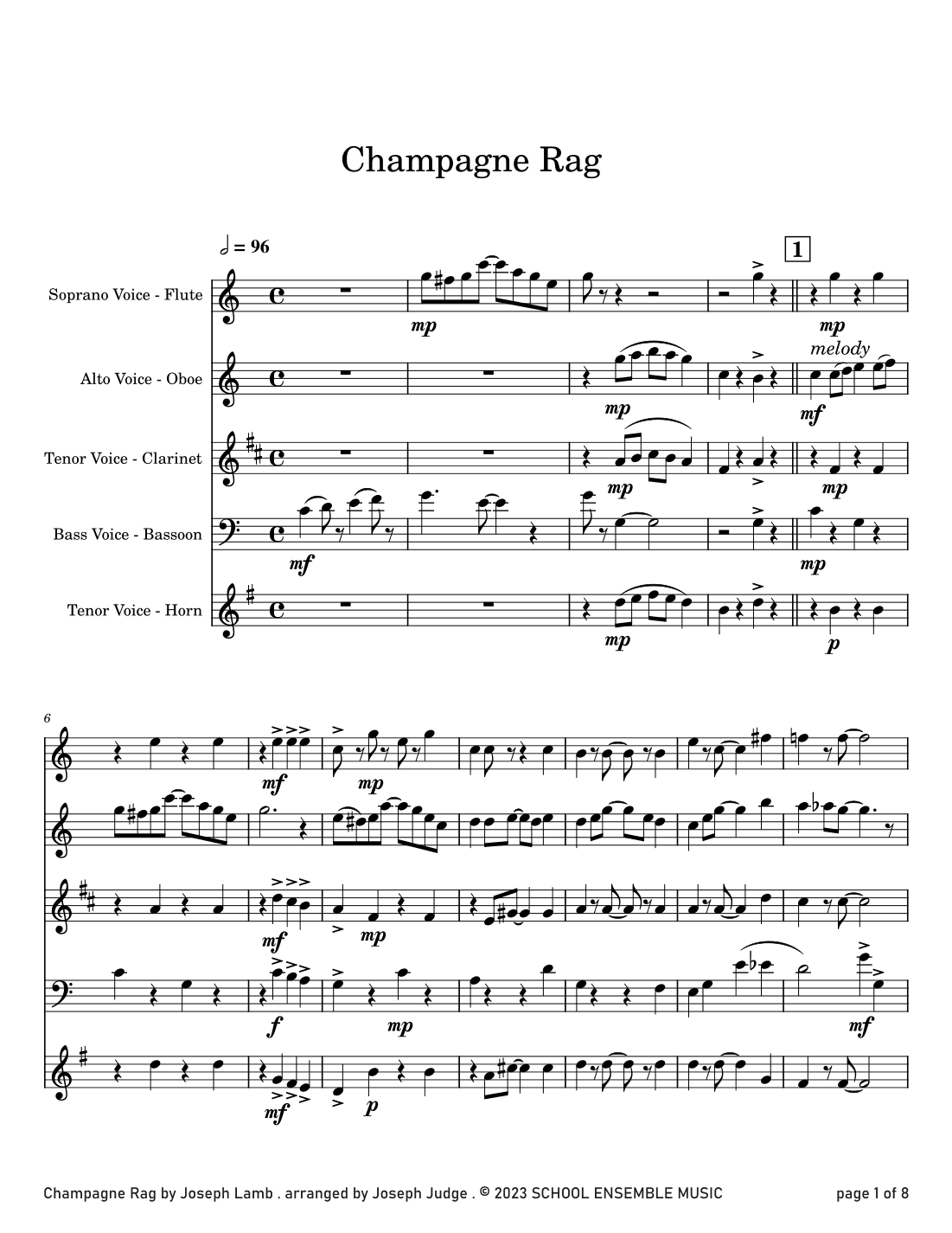 Champagne Rag by Joseph Lamb for Woodwind Quartet in Schools (arr. Joseph Judge)