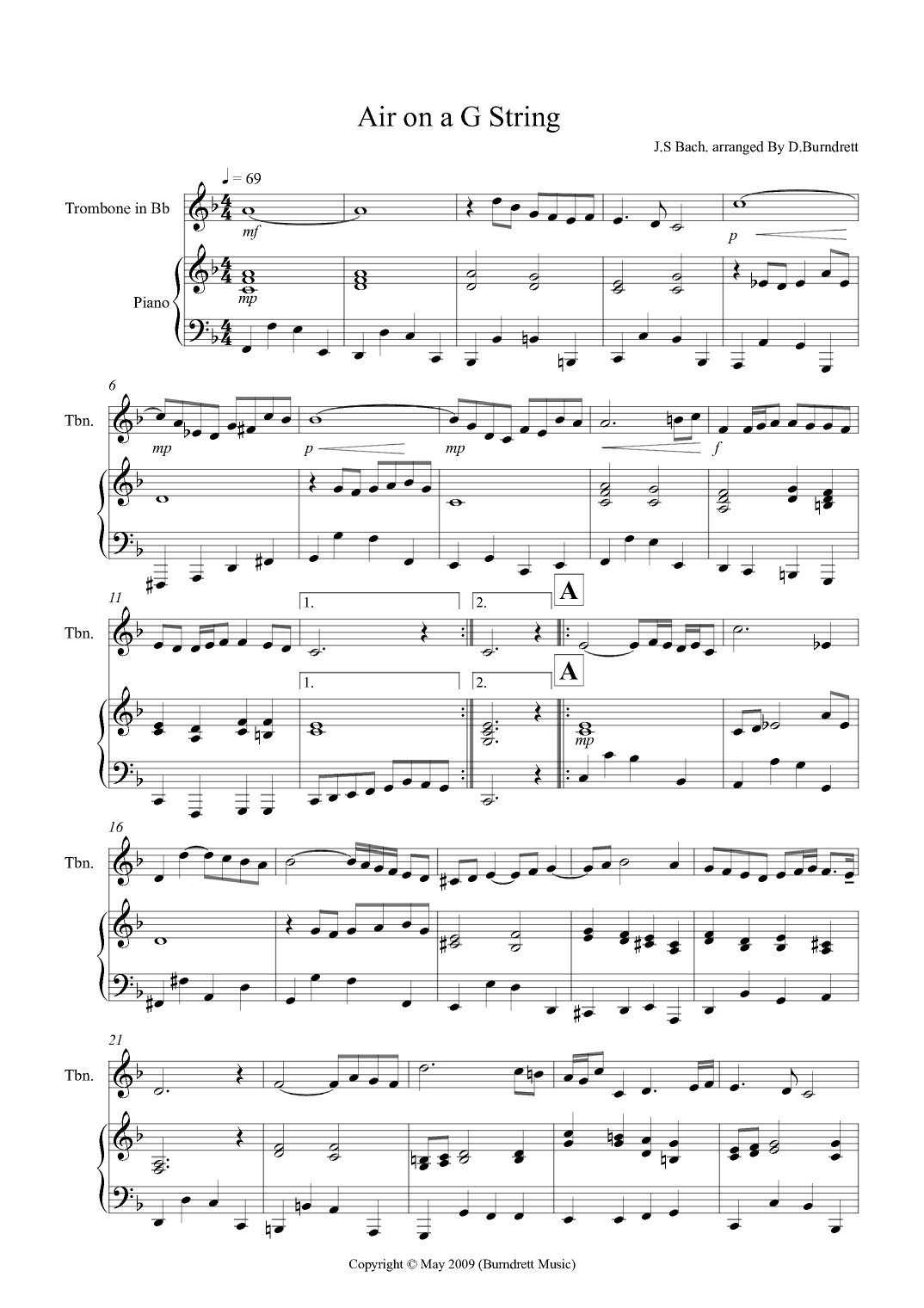 Air on a G String for Trombone in Bb and Piano (arr. David Burndrett)