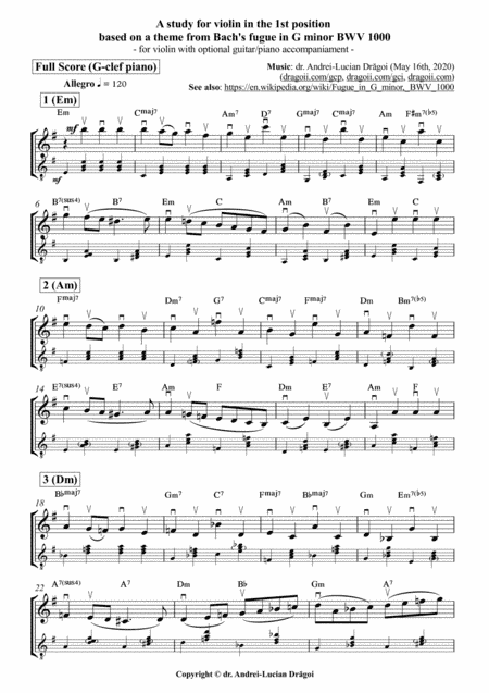 A study for violin in the 1st position based on a theme from Bach's fugue in G minor BWV 1000 (with