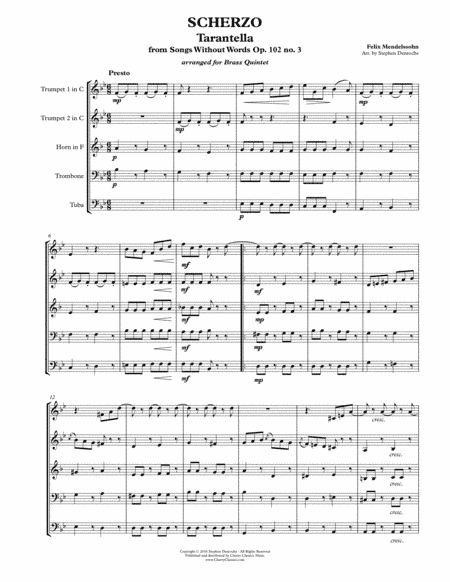 Scherzo Tarantella for Brass Quintet from Op. 102 no. 3 Songs Without Words (arr. Denroche, Stephen)