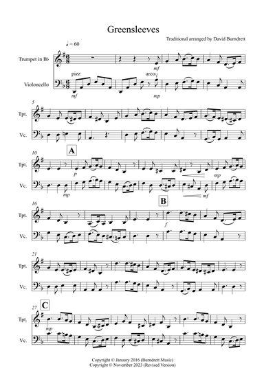 Greensleeves for Trumpet and Cello Duet (arr. David Burndrett)