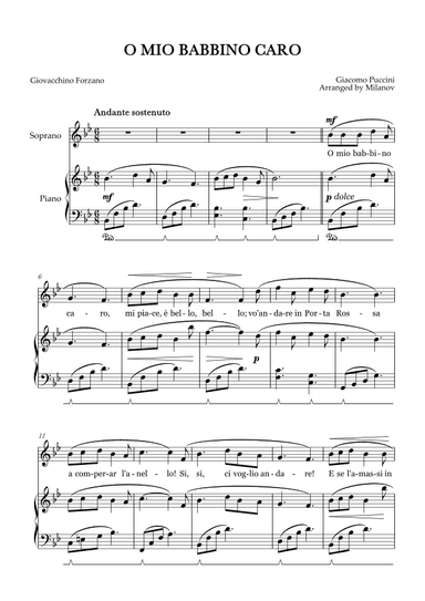 O Mio Babbino Caro | Female Voice Soprano | B-flat Major | Piano accompaniment | Pedal (arr. Milanov)