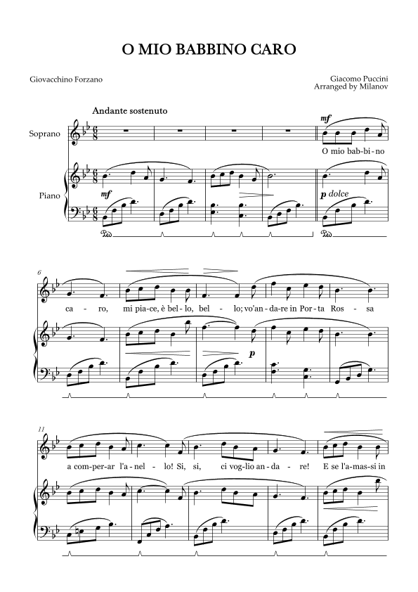 O Mio Babbino Caro | Female Voice Soprano | B-flat Major | Piano accompaniment | Pedal (arr. Milanov)