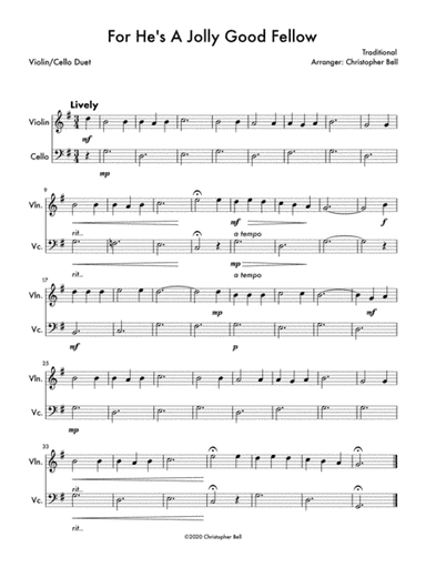 For He's A Jolly Good Fellow (Violin/Cello Duet) (arr. Christopher Bell)