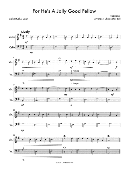 For He's A Jolly Good Fellow (Violin/Cello Duet) (arr. Christopher Bell)
