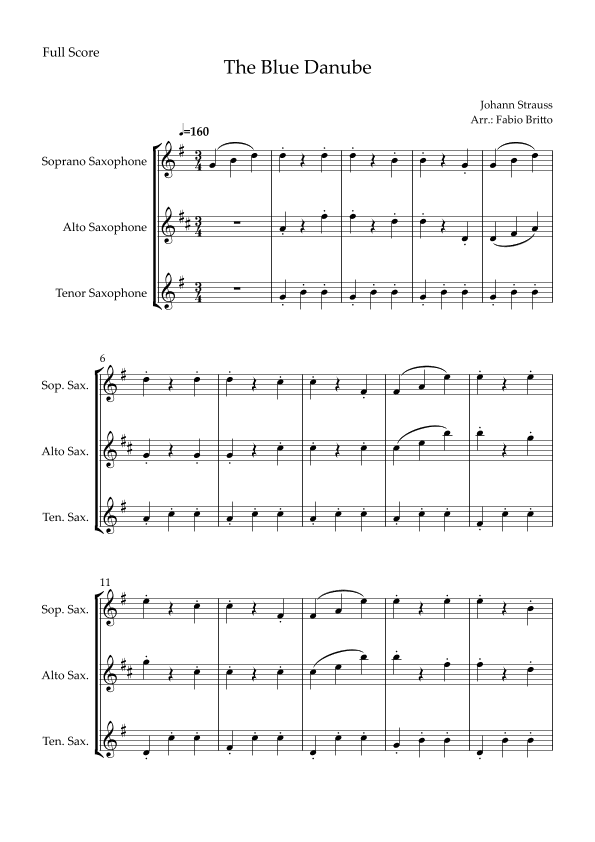 The Blue Danube (Waltz by Johann Strauss) for Saxophone Trio (arr. Fabio Britto)