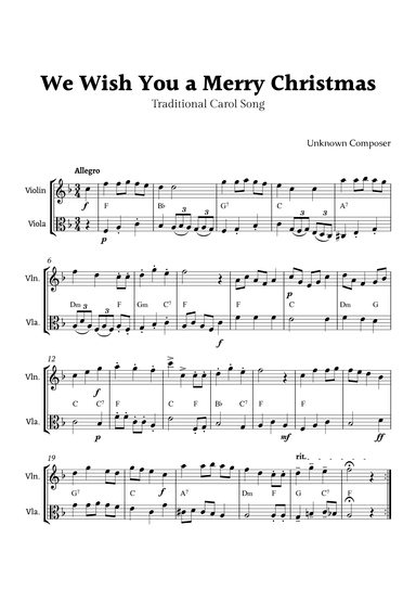 We Wish you a Merry Christmas for Violin and Viola Duet with Chords (arr. Rika K.)