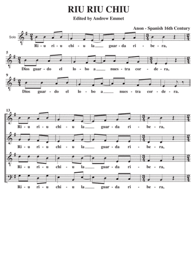 Riu Riu Chiu A Cappella SATB (arr. Edited by Andrew Emmet)