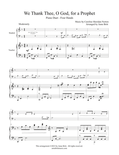 We Thank Thee, O God, for a Prophet (elementary student/teacher piano duet) (arr. Anne Britt)