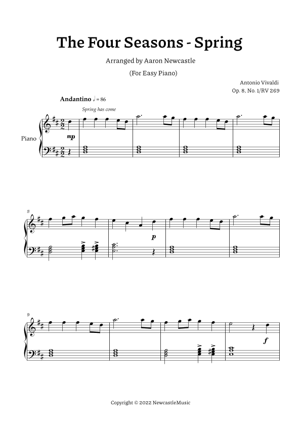 Vivaldi, Spring (The Four Seasons) | D major (arr. Aaron Newcastle)