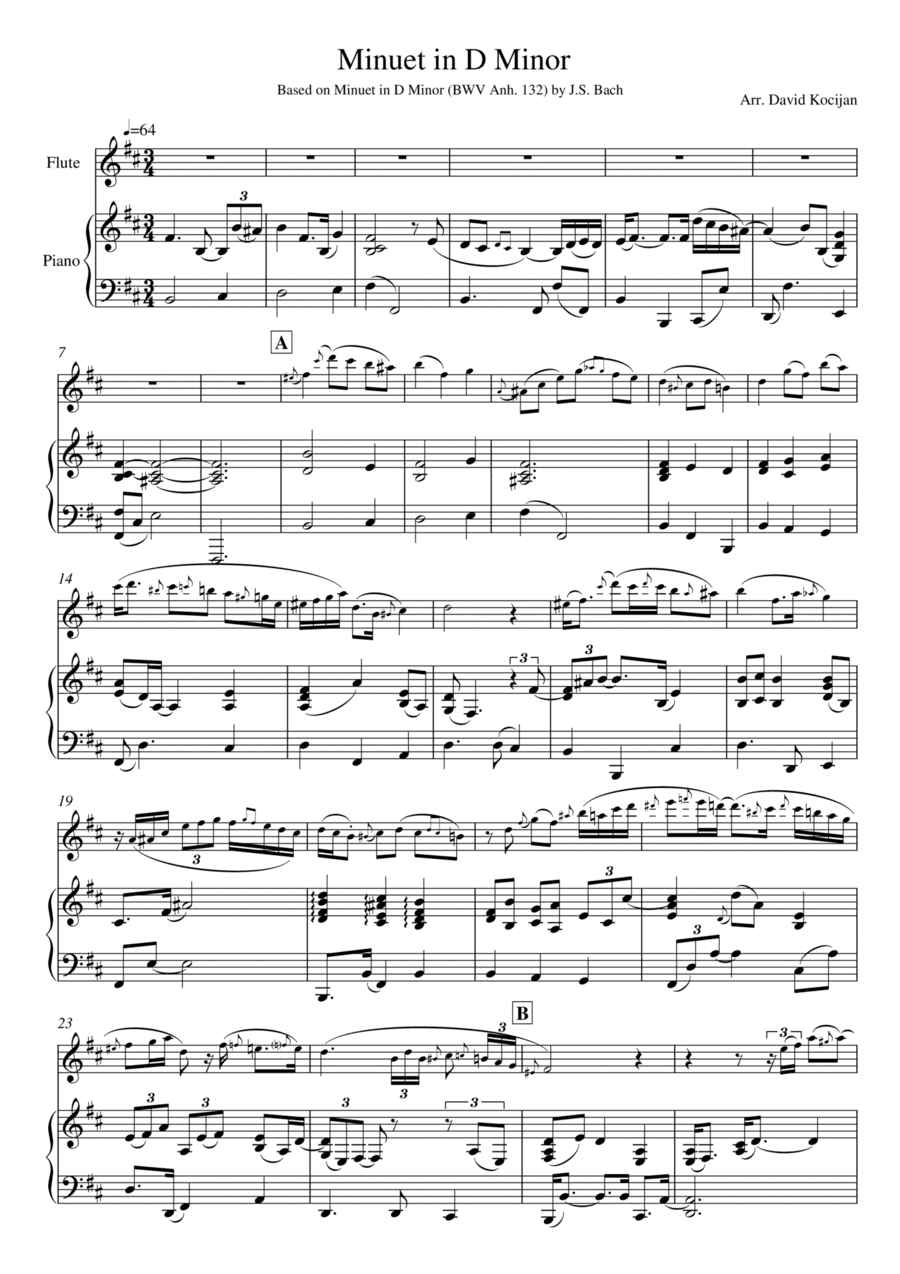 Bach - Minuet in D Minor, BWV Anh. 132 (flute & piano) (arr. David Kocijan)