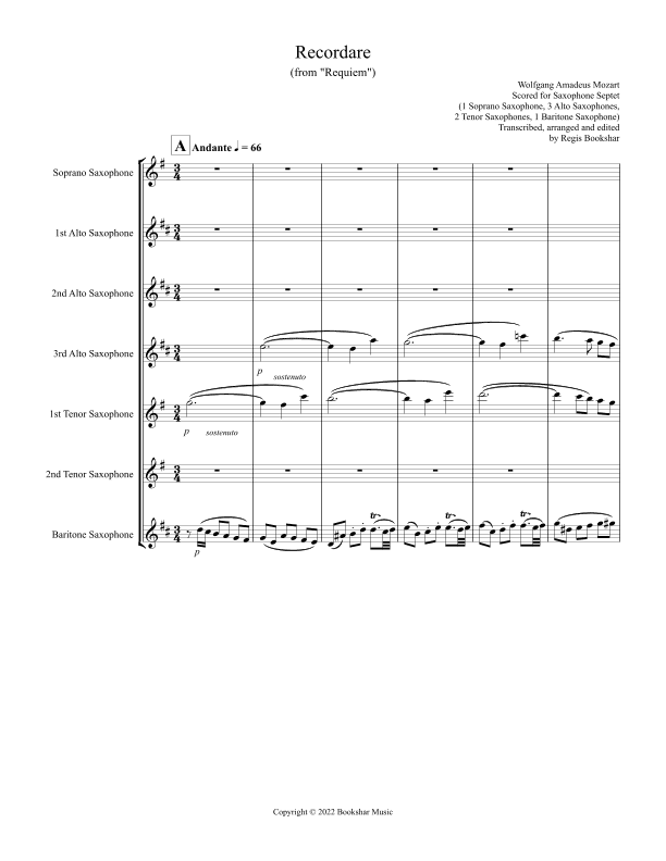 Recordare (from "Requiem") (F) (Saxophone Septet - 1 Sop, 3 Alto, 2 Ten, 1 Bari) (arr. Regis Bookshar)