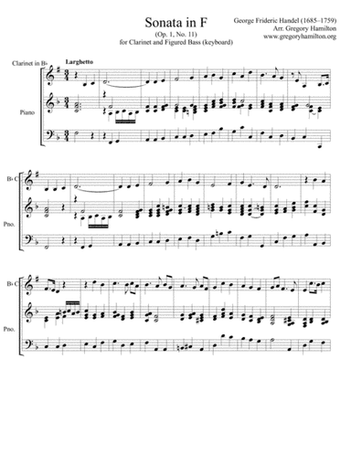 Sonata in F by George Frideric Handel arranged for Clarinet in Bb and keyboard (piano) (arr. Gregory Hamilton)