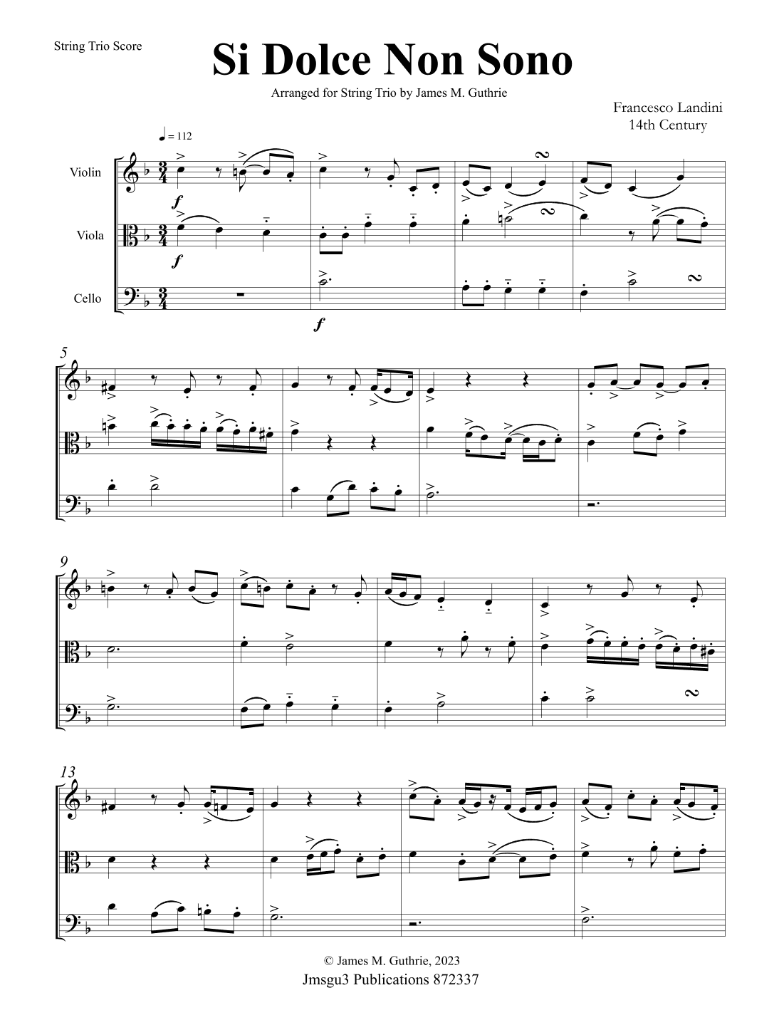 Landini: Si Dolce Non Sono for String Trio (arr. James M. Guthrie)