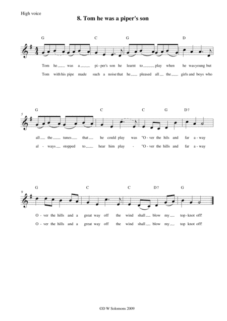 Tom he was a piper's son high voice, medium voice or low voice with guitar chords (arr. David Warin Solomons)