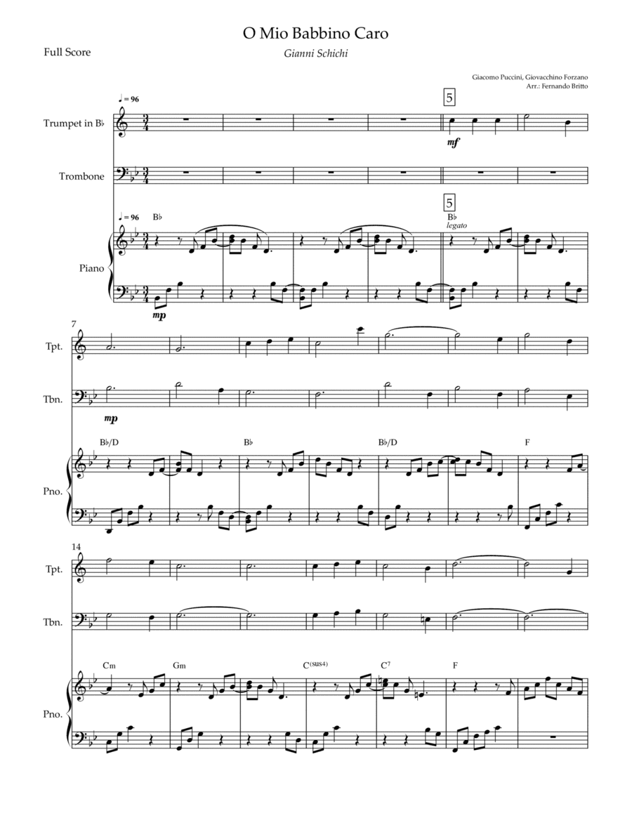 O Mio Babbino Caro (Puccini) for Trumpet in Bb & Trombone Duo and Piano Accompaniment with Chords (arr. Fernando Britto)