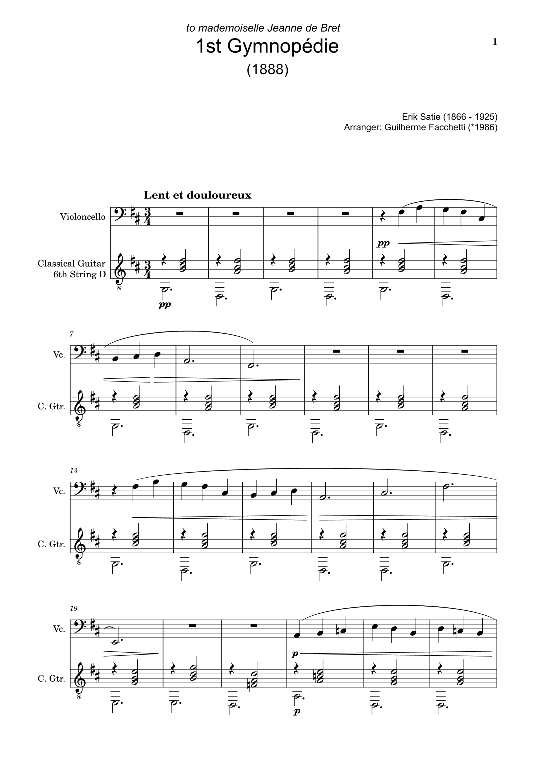 Erik Satie - 1st Gymnopédie. Arrangement for Violoncello and Classical Guitar (arr. Guilherme Facchetti)