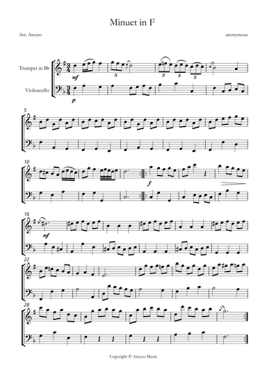 bwv anh 113 minuet in F sheet music Trumpet and Cello (arr. Arezzo Music)