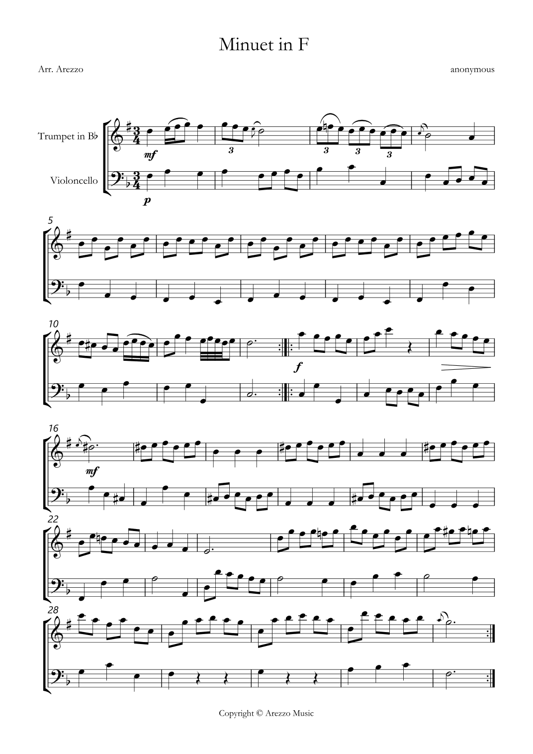 bwv anh 113 minuet in F sheet music Trumpet and Cello (arr. Arezzo Music)