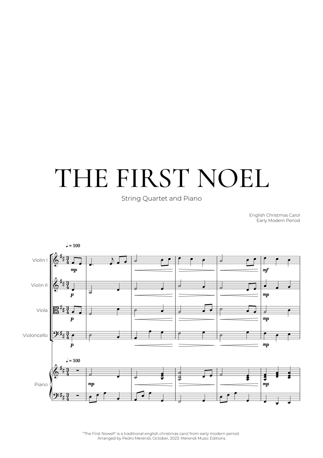 The First Noel (String Quartet and Piano) - Christmas Carol (arr. Pedro Merendi)
