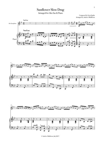 Sunflower Slow Drag arranged for Alto Saxophone and Piano (arr. Andrew Middleton)