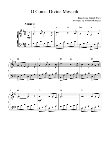 O Come, Divine Messiah (for piano solo with chords) (arr. Kaiserin Rebecca)