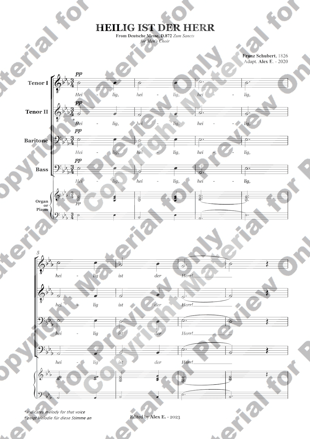 Heilig ist der Herr - For Men's Choir (Full Score TTBB with accompaniment) (arr. Alex E.)