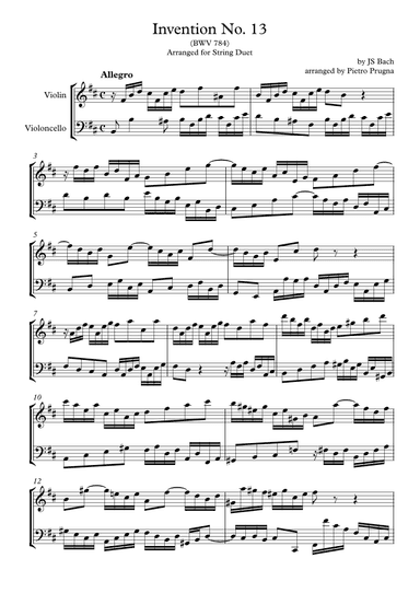 Invention No. 13 (BWV 784) by JS Bach - arranged for String Duet (Violin and Cello) (arr. Pietro Prugna)