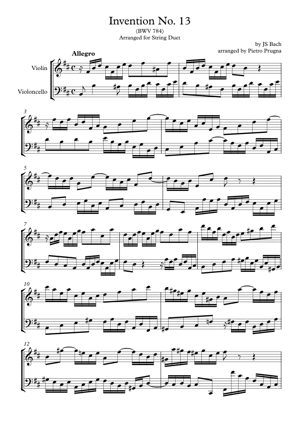 Invention No. 13 (BWV 784) by JS Bach - arranged for String Duet (Violin and Cello) (arr. Pietro Prugna)