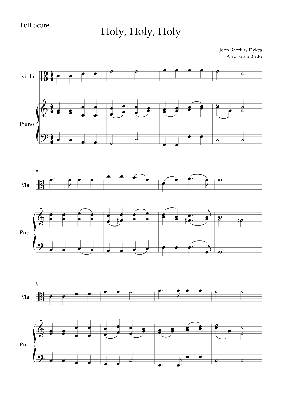 Holy, Holy, Holy (Traditional Christian Song) for Viola Solo and Piano Accompaniment (arr. Fabio Britto)