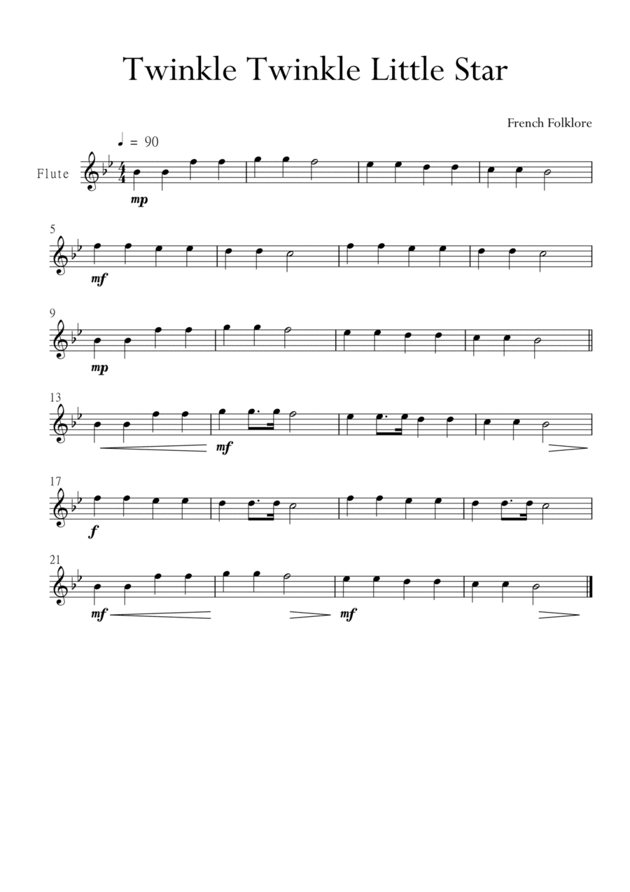Twinkle Twinkle Little Star for Flute in Bb Major. Very Easy. (arr. Matheus Araújo)