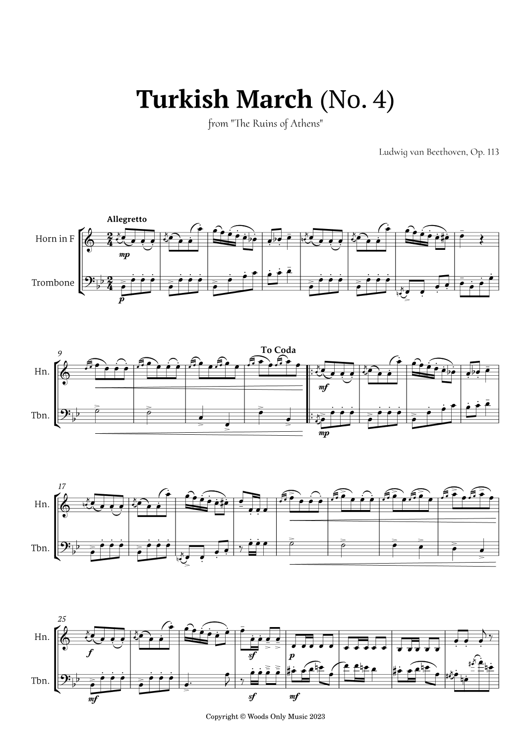 Turkish March by Beethoven for French Horn and Trombone Duet (arr. Ander)