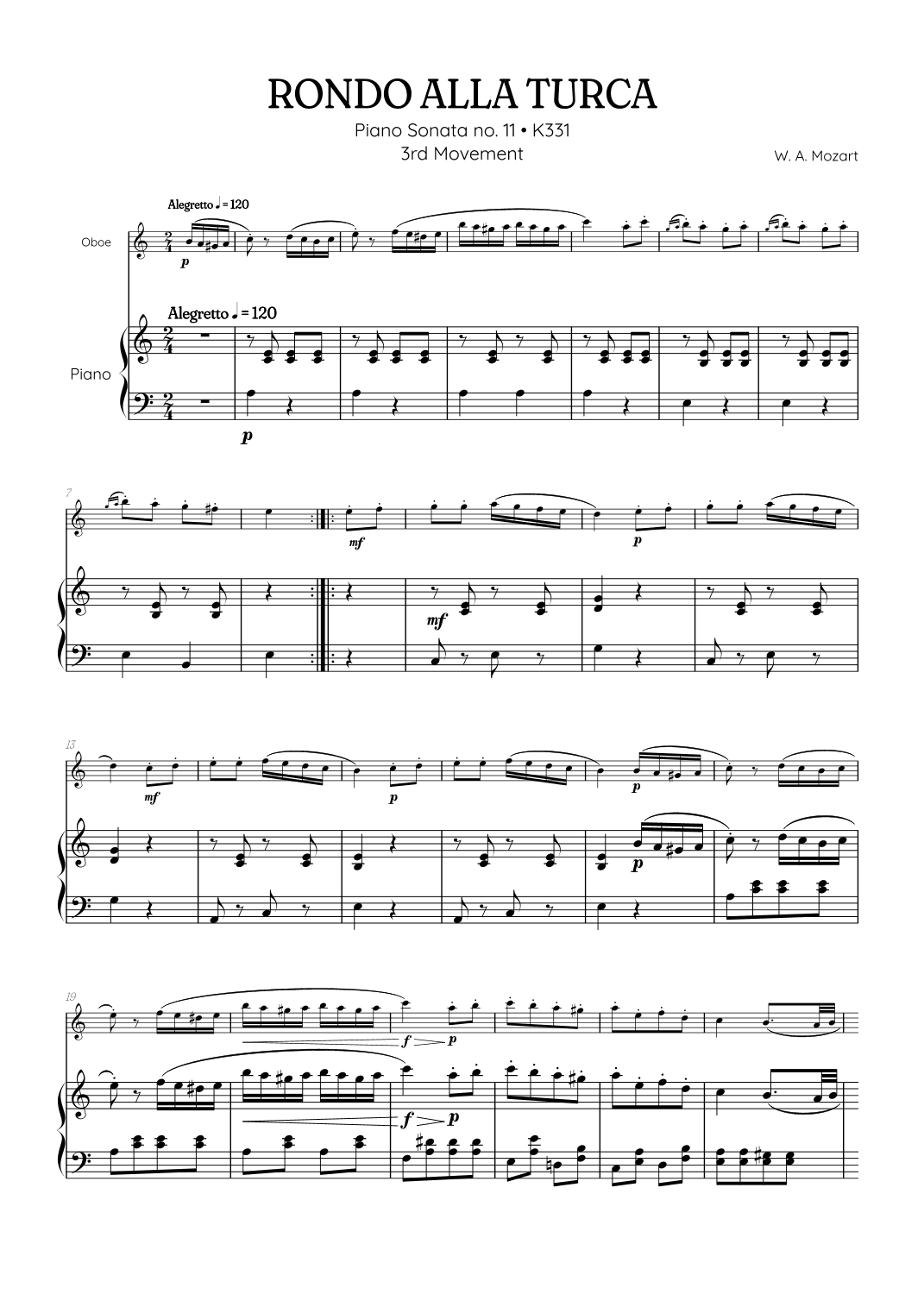 Rondo Alla Turca (Turkish March) • oboe sheet music with piano accompaniment (arr. Benzaiten Editions)