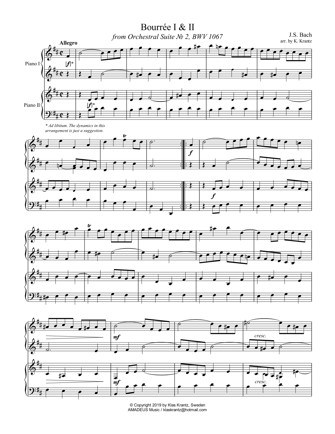 Bourree Suite 2 BWV 1067 for piano duet (2 pianos) (arr. K. Krantz)