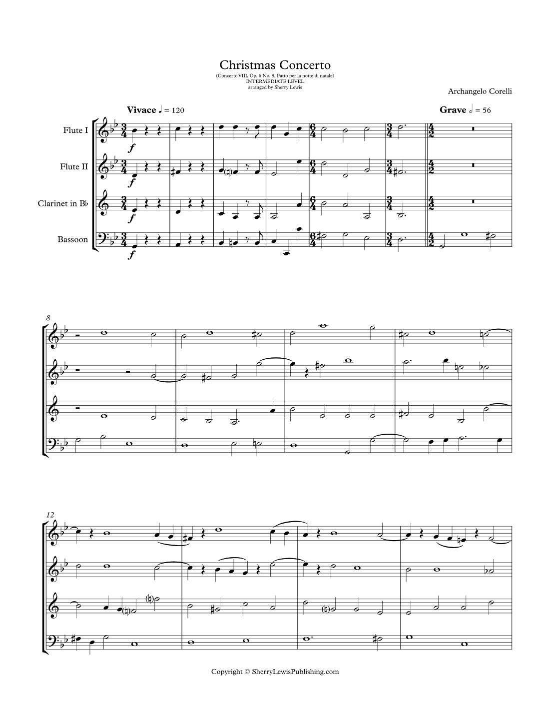 CHRISTMAS CONCERTO Concerto VIII Op. 6 No. 8, Fatto per la notte di natale, by Corelli, for Woodwin (arr. Sherry Lewis)