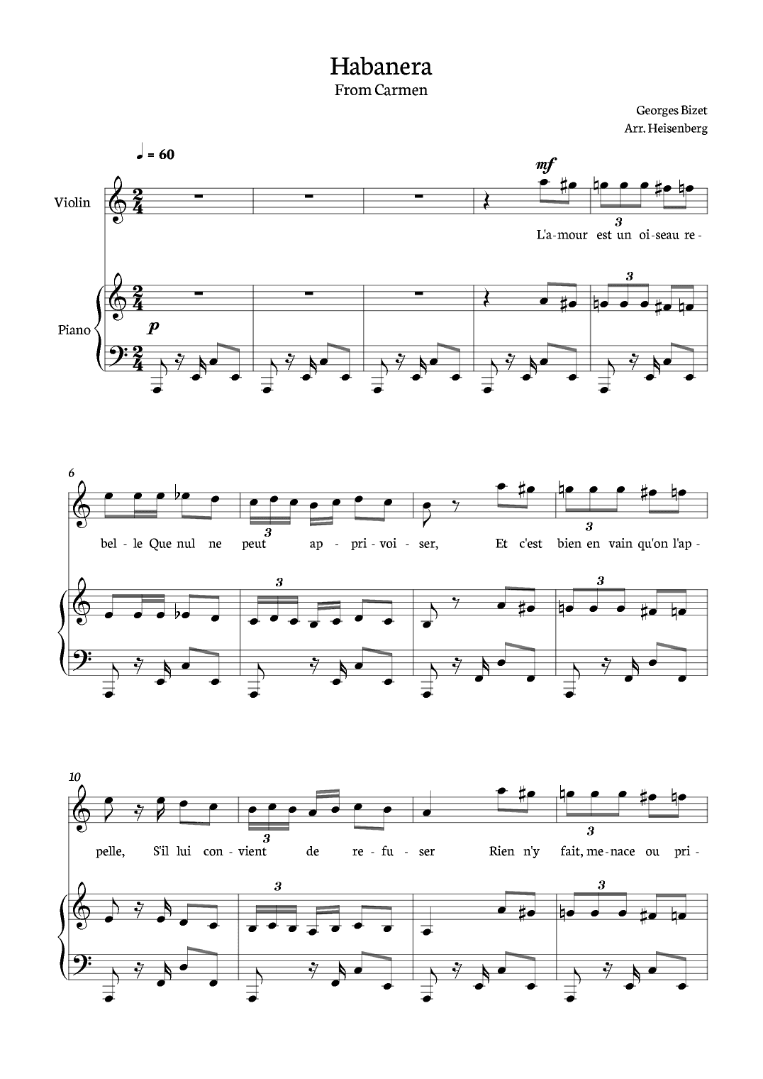 Habanera from Carmen for violin with piano. (arr. Heisenberg)