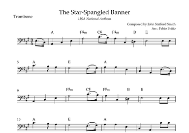 The Star Spangled Banner (USA National Anthem) for Trombone Solo with Chords (A Major) (arr. Fabio Britto)