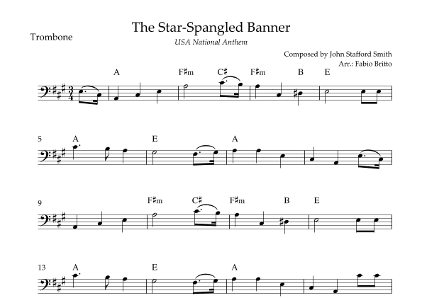 The Star Spangled Banner (USA National Anthem) for Trombone Solo with Chords (A Major) (arr. Fabio Britto)