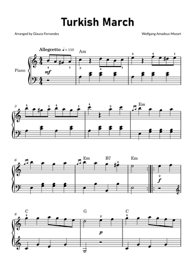 Turkish March by Mozart - Easy Piano with Chords (arr. Glauco Fernandes)