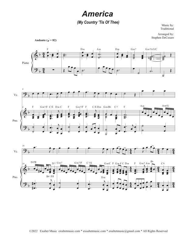 America (My Country, 'Tis of Thee) (Cello solo and Piano) (arr. Stephen DeCesare)