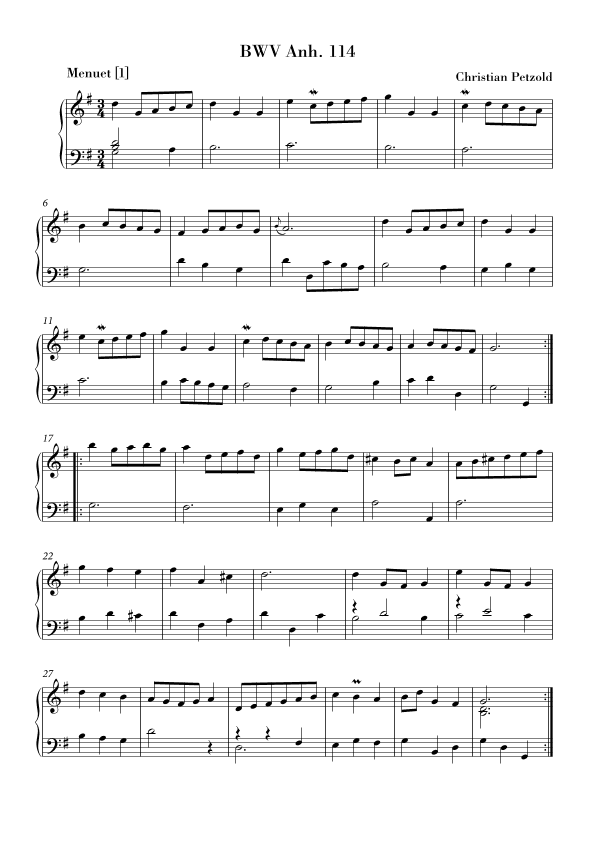 Bach - Minuet in G major and G minor (BWV Anh. 114 - 115) Original Version (arr. Ahiva Editions)