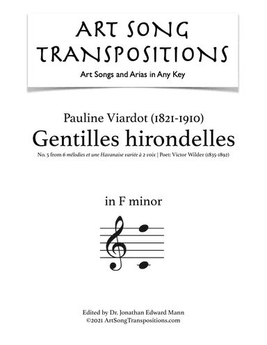 VIARDOT: Gentilles hirondelles (transposed to F minor) (arr. ArtSongTranspositions.com)
