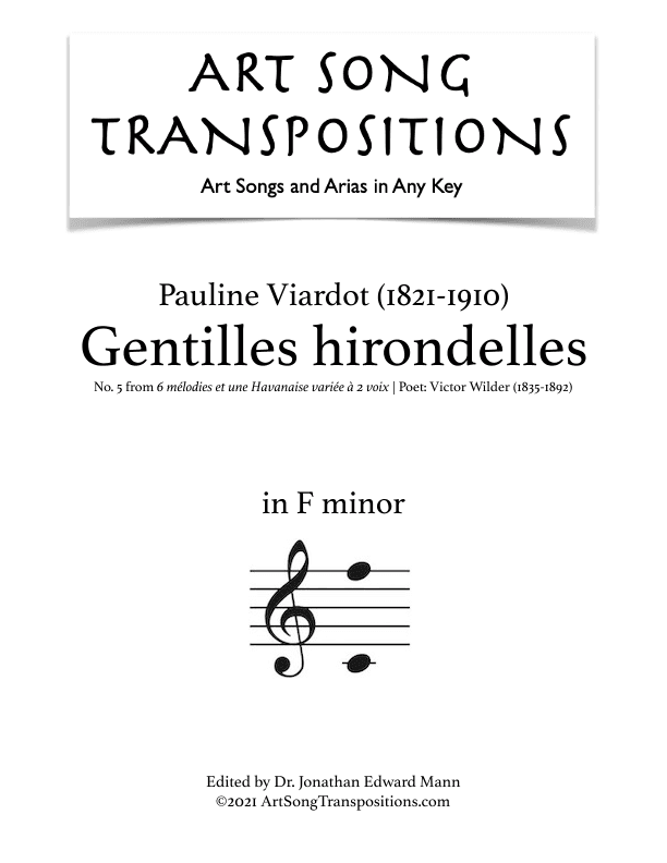 VIARDOT: Gentilles hirondelles (transposed to F minor) (arr. ArtSongTranspositions.com)